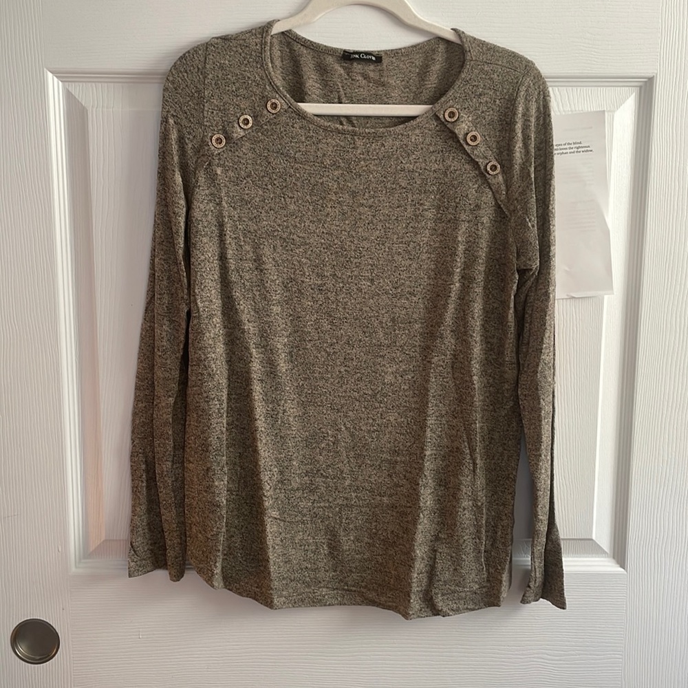 Pink Clover | Luna Elbow Patch Button Detail Brushed Knit Top | M | Taupe